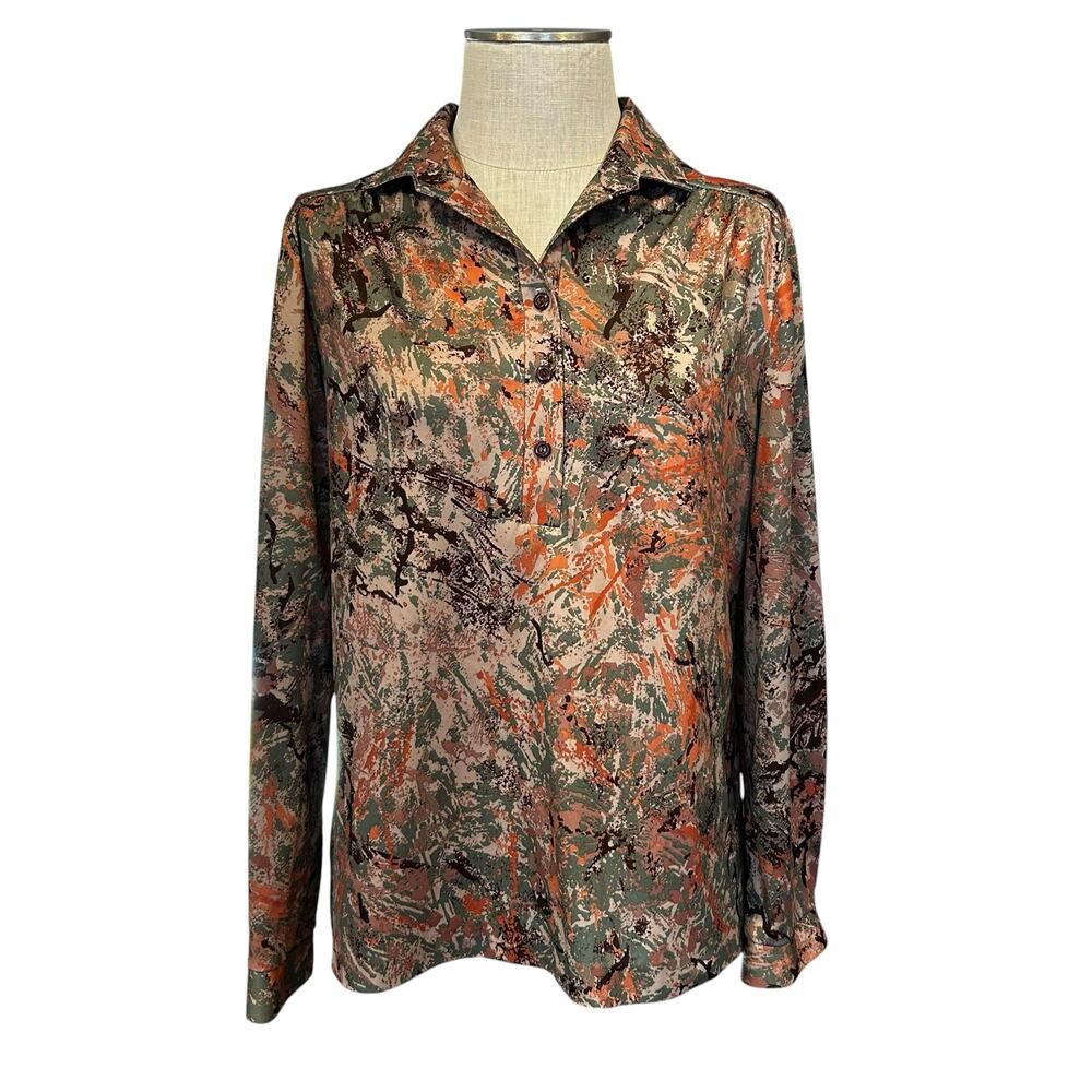 Vintage 70s Abstract Print Silky Button Down Blouse Medium